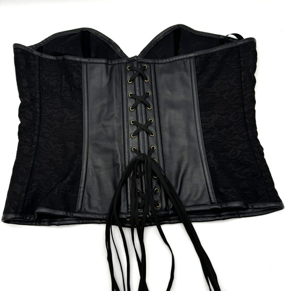6X Black Steel Boned Steampunk Goth Witch Brocade Floral Leather Overbust Corset - Picture 5 of 14